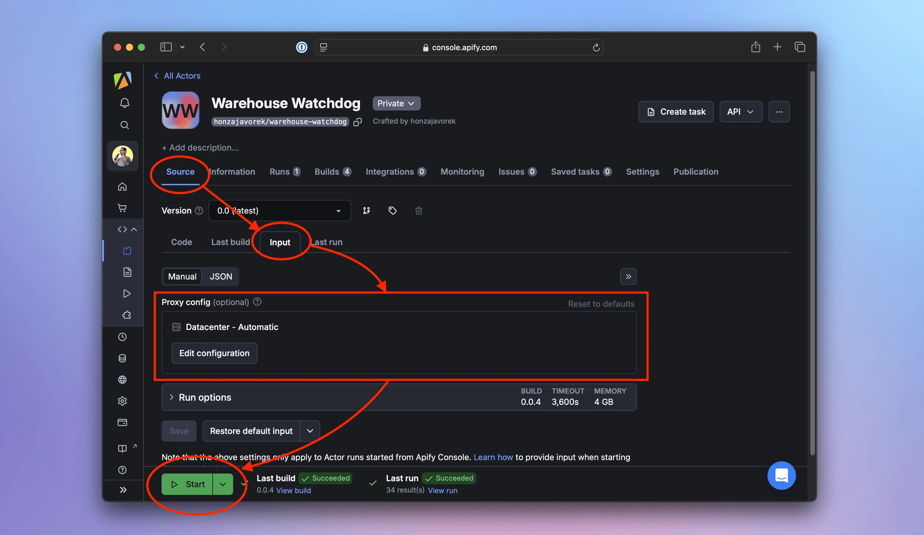 Actor&#39;s detail page, screen Source, tab Input with proxies
